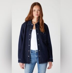 Blank NYC Shot Caller NWT Pearl Snap Dark Wash LS Denim Shirt Womens Size S